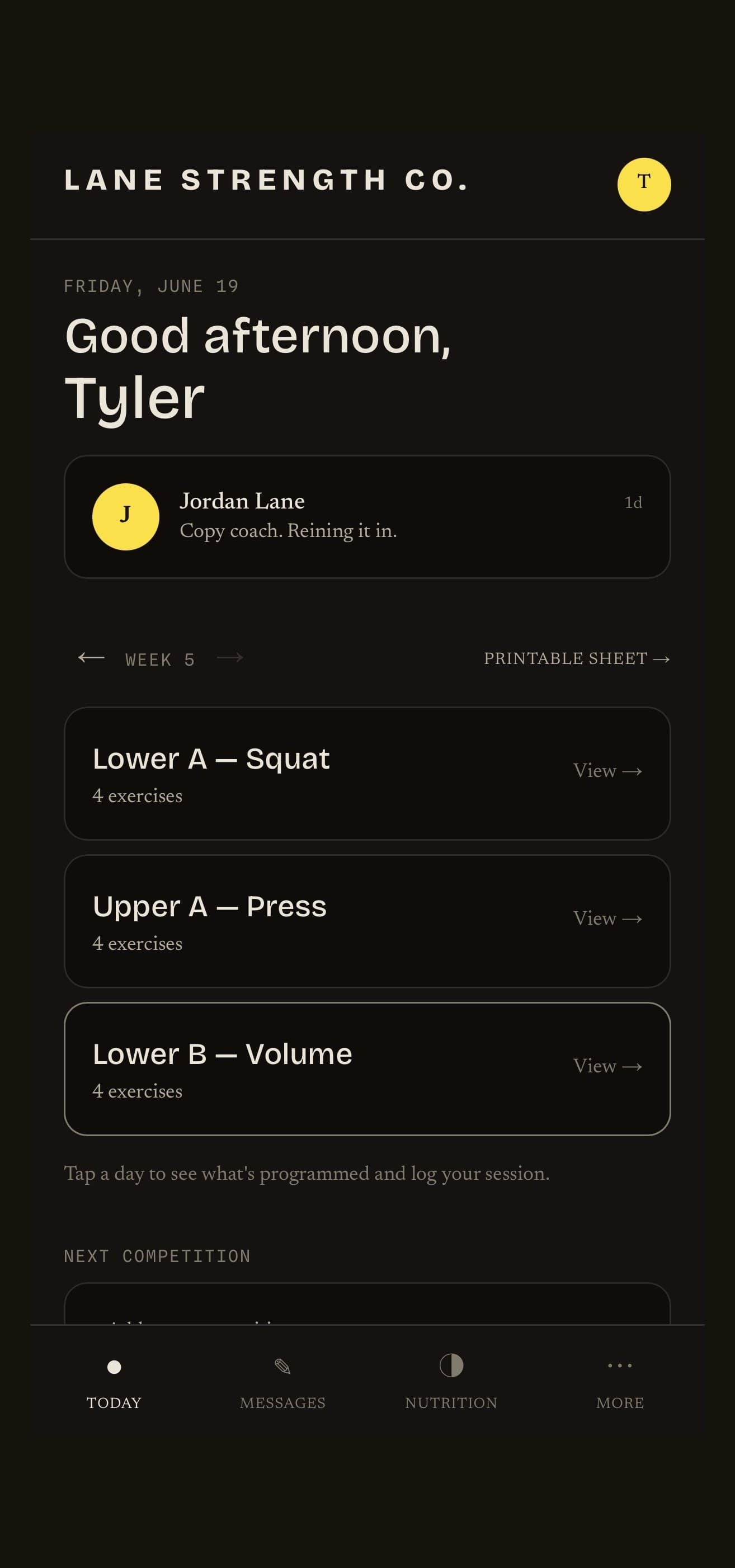 An athlete's Today screen in their coach's branded app